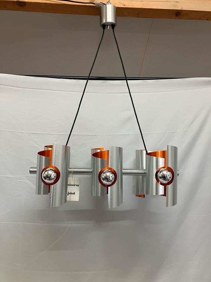 Vintage space age hanglamp, Polam, geborsteld aluminium, Huis en Inrichting, Lampen | Hanglampen, Zo goed als nieuw, 75 cm of meer