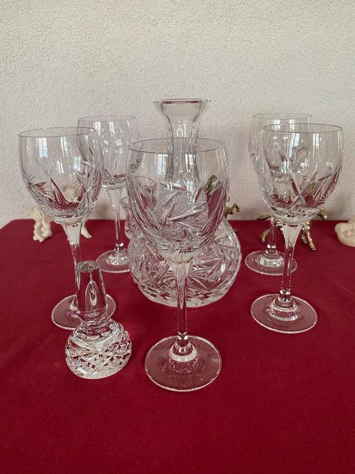 Bohémien Kristal Karaf & 5 Wijnglazen - Puntgaaf!, Antiek en Kunst, Antiek | Glas en Kristal, Ophalen of Verzenden