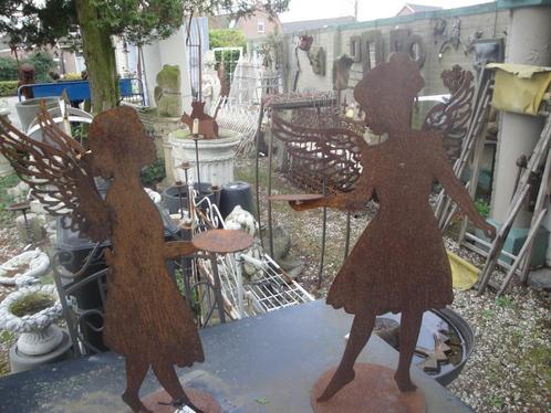 2 engelen elfjes voor waxinelicht cortenstaal, Tuin en Terras, Tuinbeelden, Nieuw, Engelenbeeld, Metaal, Ophalen of Verzenden