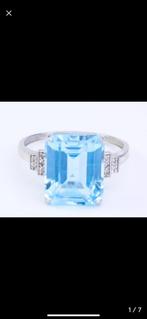 Witgouden ring, 14 karaat Topaas met 10 diamantjes., Ophalen, Blauw, Nieuw, 17 tot 18