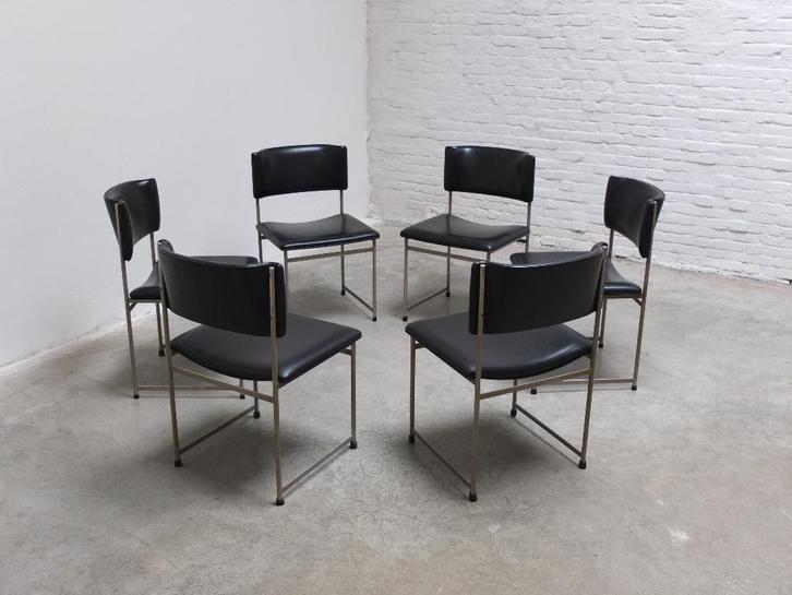 6 SM08 Stoelen Pastoe Cees Braakman, Huis en Inrichting, Stoelen, Gebruikt, Vijf, Zes of meer stoelen, Leer, Metaal, Zwart, Ophalen