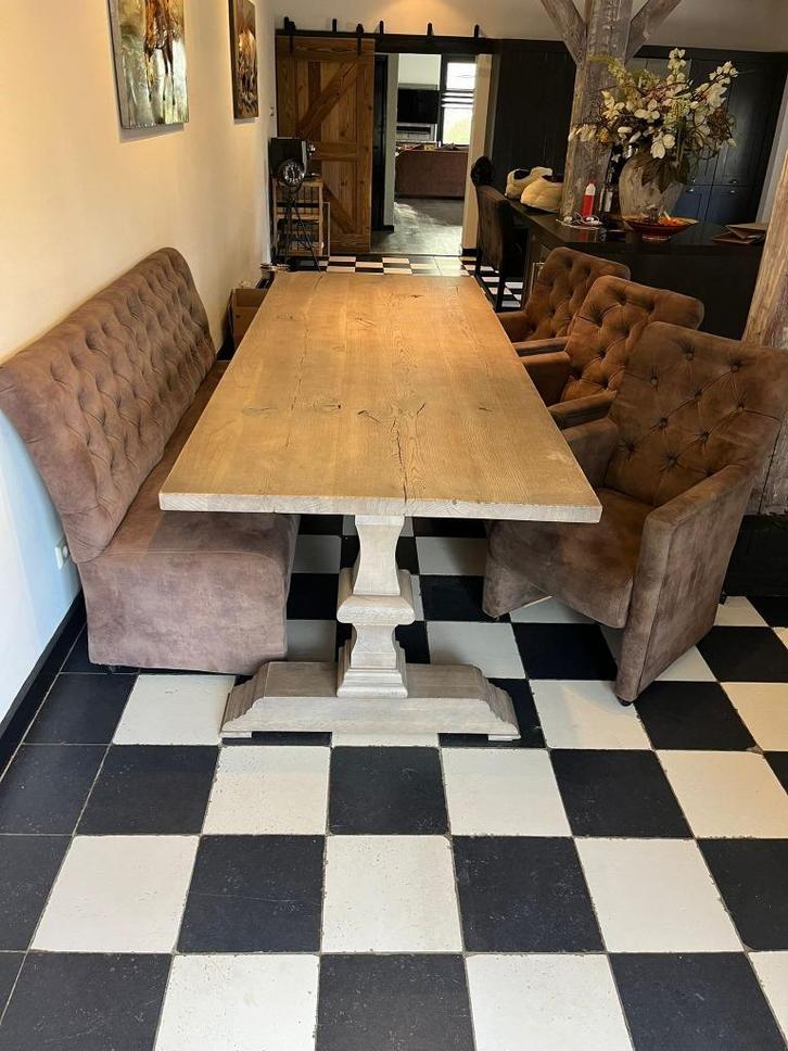 Kloostertafel met bijpassende zitbank en drie stoelen, Huis en Inrichting, Complete eetkamers, Gebruikt, 4 tot 6 stoelen, Ophalen