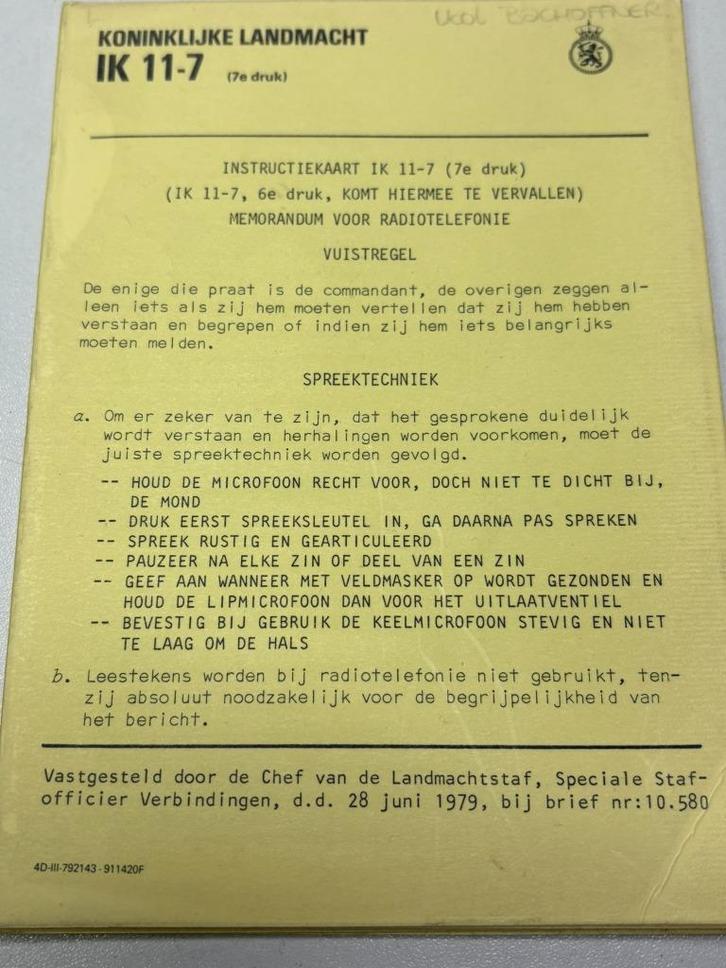 Kon Landmacht Instructie kaart Radio Telefonie IMG6241/2/3, Verzamelen, Militaria | Algemeen, Landmacht, Boek of Tijdschrift, Nederland
