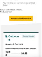 Treinticket Rotterdam- Parijs Gare du Nord | Ma 9 feb 13:50u, Trein, Eén persoon, Buitenland, Met bestemming of datum