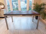 Eetkamer tafel teak hout wagondelen rvs, Ophalen, Gebruikt, 50 tot 100 cm, Metaal