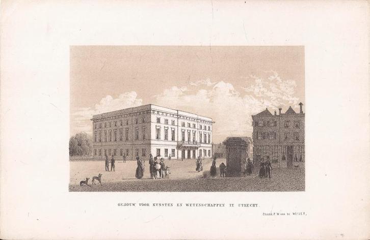 GEBOUW VOOR KUNSTEN EN WETENSCHAPPEN TE UTRECHT  Litho 1853, Antiek en Kunst, Kunst | Etsen en Gravures, Ophalen of Verzenden