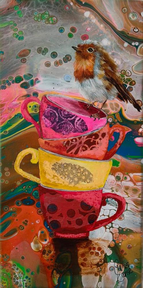 Schilderij roodborstje op stapel kopjes, Huis en Inrichting, Woonaccessoires | Schilderijen, Tekeningen en Foto's, Nieuw, Schilderij