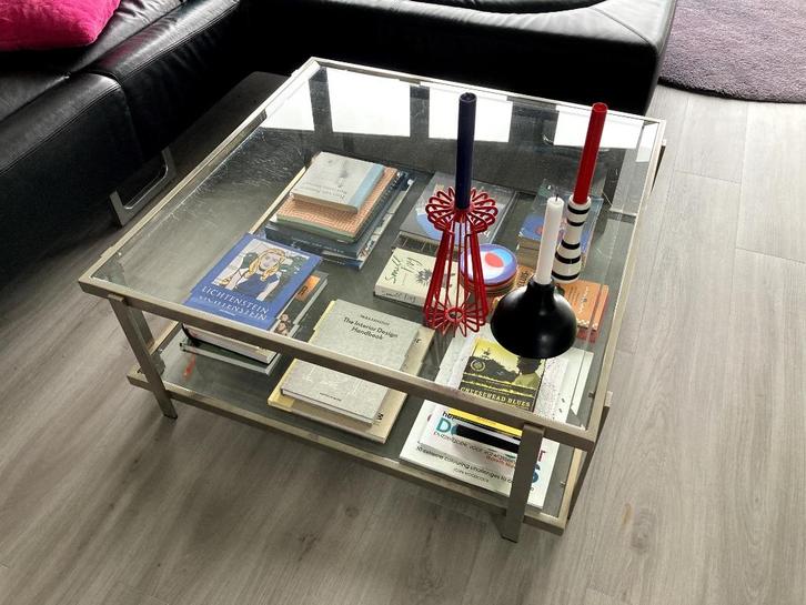 Design chroom/glazen salontafel, vierkant, Huis en Inrichting, Tafels | Salontafels, Gebruikt, Minder dan 50 cm, 50 tot 100 cm