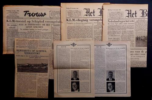 3 kranten/bladen/knipsels crash KLM C-47 PH-TBW 1946 (K1083), Verzamelen, Luchtvaart en Vliegtuigspotten, Gebruikt, Boek of Tijdschrift