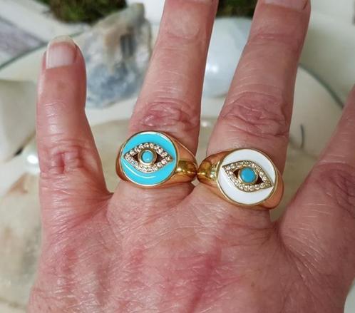 Mooie RVS Magic / Evil Eye Ring in Wit of Turquoise / Gold., Sieraden, Tassen en Uiterlijk, Ringen, Nieuw, Dame, 17 tot 18, Goud