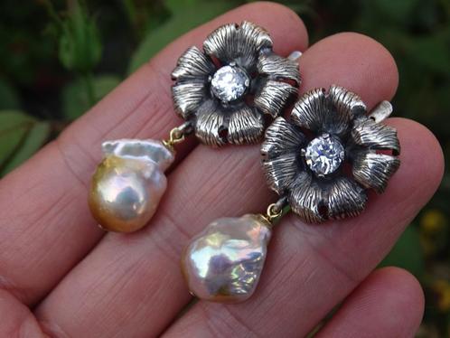Zilveren oorbellen met parels, Sieraden, Tassen en Uiterlijk, Oorbellen, Nieuw, Hangers, Zilver, Zilver, Met edelsteen, Met kristal