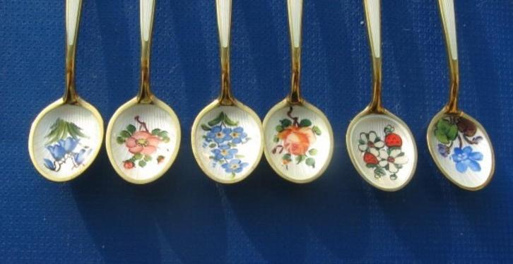 Zilveren David Anderson gold plated enamel spoons, Antiek en Kunst, Antiek | Goud en Zilver, Zilver, Verzenden