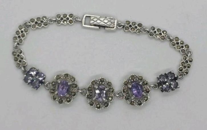Vintage zilveren armband 925 met amethist & markasiet, Sieraden, Tassen en Uiterlijk, Armbanden, Zilver, Paars, Met edelsteen