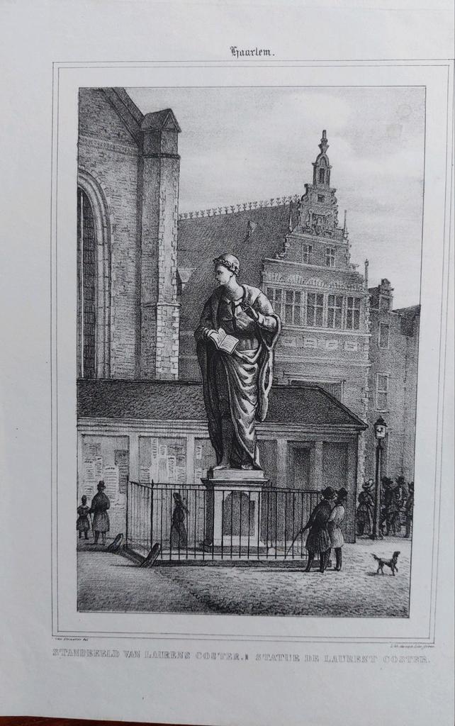 1 / Standbeeld Lauren Coster Haarlem Litho uit 1839, Antiek en Kunst, Kunst | Litho's en Zeefdrukken, Ophalen of Verzenden