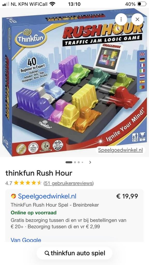 Rush Hour Denkspel - Uitdagend en Leuk!, Een of twee spelers, Ophalen of Verzenden, Zo goed als nieuw, Reisspel