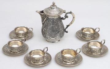 Antiek zilver Perzisch koffieservies ca 1900 Qajar dynasty beschikbaar voor biedingen