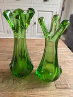 Murano Glas Vazen Set van 2, Ophalen of Verzenden, Minder dan 50 cm, Groen, Glas