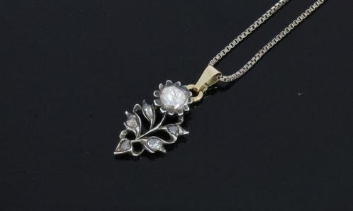 Bloem grote roosdiamant 14k gouden hanger zilveren ketting, Sieraden, Tassen en Uiterlijk, Antieke sieraden, Hanger, Goud, Met edelsteen