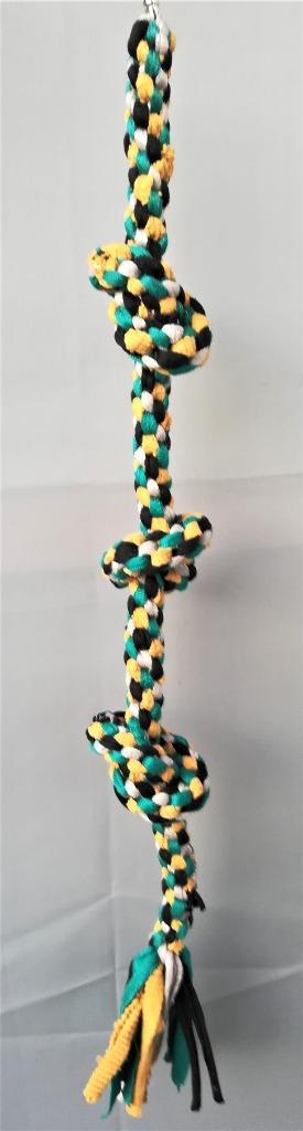Katoenen klimtouw met 3 knopen (bruin-groen-oker geel-zwart) beschikbaar voor biedingen