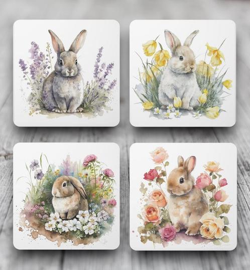Aquarel Konijn onderzetters met houder, Huis en Inrichting, Woonaccessoires | Onderzetters, Nieuw, Glas of Kopje, Ophalen of Verzenden