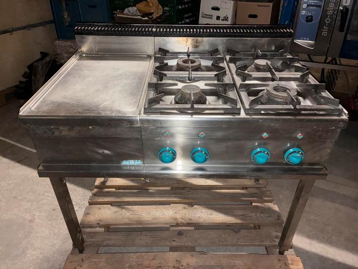 4-pits horeca gasfornuis met werkunit, Huis en Inrichting, Keuken | Keukenbenodigdheden, Gebruikt, Ophalen