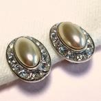 Vintage oorbellen clips ovaal parel strass jaren '80, Gebruikt, Verzenden, Wit, Glas