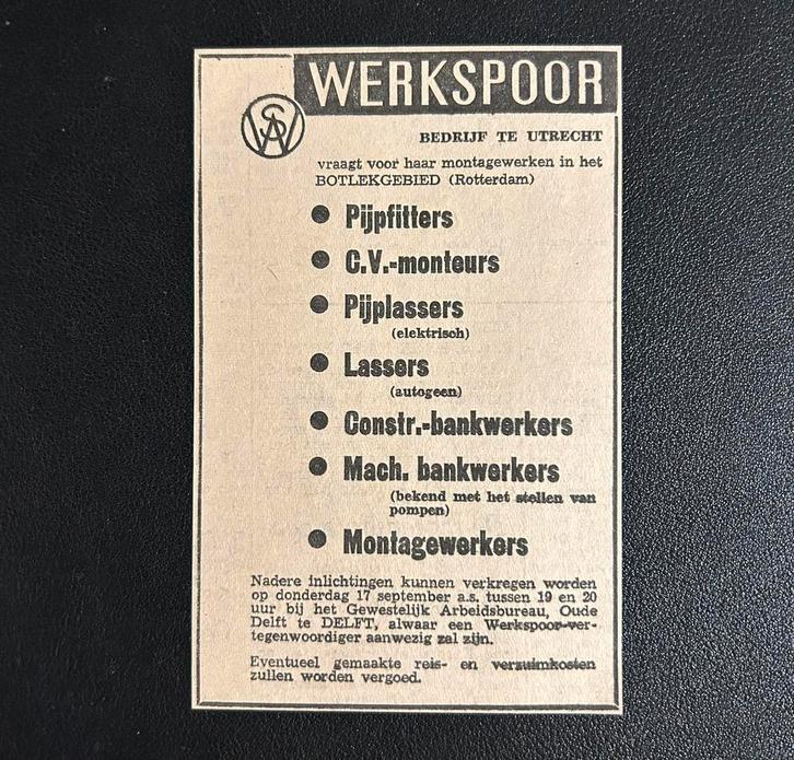 Werkspoor - vacature diverse functies (1959), Verzamelen, Spoorwegen en Tramwegen, Gebruikt, Trein, Ophalen of Verzenden