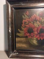 Olieverf bloemstilleven – Rode klaprozen in vaas – 5158 cm, Antiek en Kunst, Ophalen of Verzenden