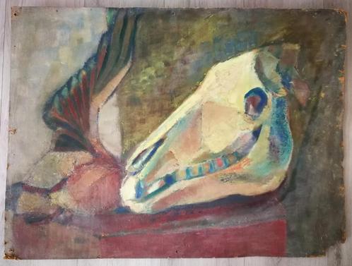 Rob Aussen. Schedel. Olieverf op karton. Groot., Antiek en Kunst, Kunst | Schilderijen | Klassiek, Ophalen of Verzenden