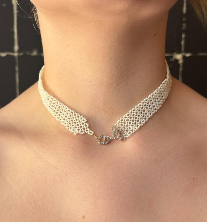 Art Deco diamant slot goud platina parel antiek ketting dame, Sieraden, Tassen en Uiterlijk, Antieke sieraden, Ketting, Goud, Met edelsteen