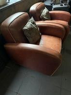 2x Robuuste Bruin Lederen Fauteuils, Huis en Inrichting, Fauteuils, Ophalen, Eleonora, Gebruikt, Info@qradesign.nl