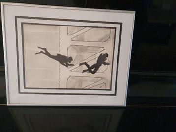 inkt met potlood duikers onderwater  brug pijler duiksport beschikbaar voor biedingen