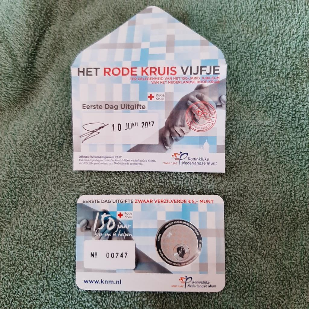 Coincard Rode Kruis Vijfje 1e Dag uitgifte Nederland  2017., Setje, Zilver, Overige landen, Ophalen of Verzenden