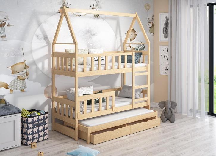 Stapelbed HOUSE 3 personen 160x75/180x75 grenen kleur, Kinderen en Baby's, Kinderkamer | Stapelbedden en Hoogslapers, Nieuw, Stapelbed