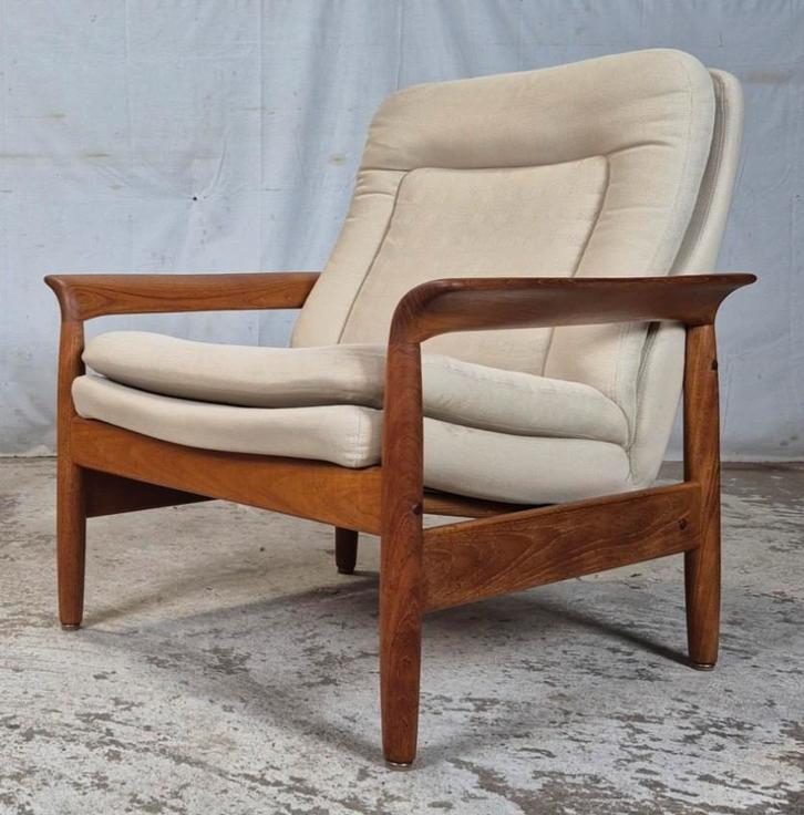 Vintage jaren 60 Deense relax fauteuil, lounge stoel teak, Huis en Inrichting, Fauteuils, Gebruikt, Hout, Stof, 75 tot 100 cm