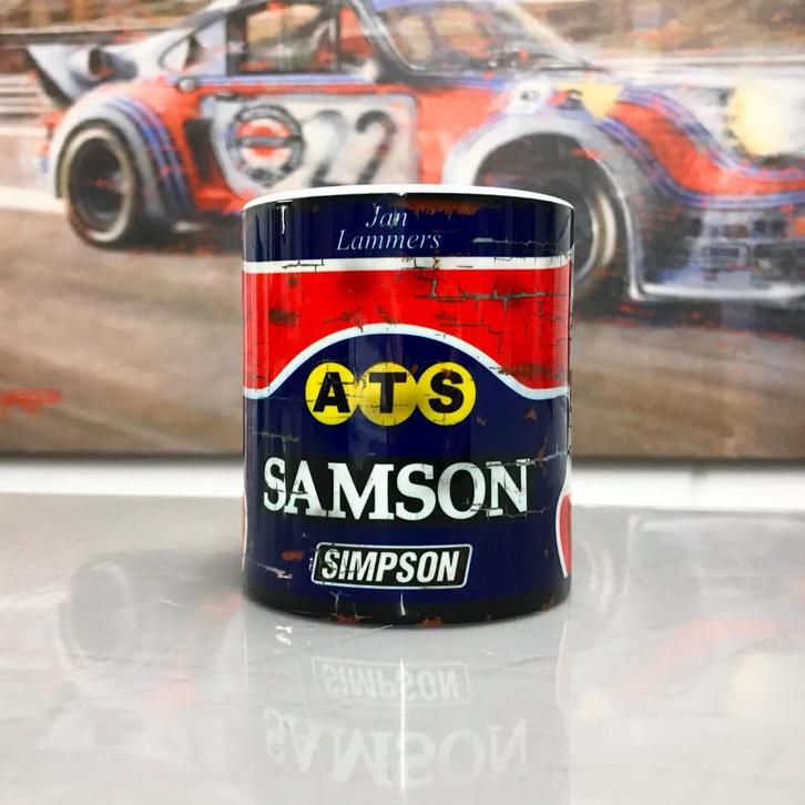 ✅ Jan Lammers Helmet Samson mok Vintage olie F1 Autosport, Verzamelen, Automerken, Motoren en Formule 1, Nieuw, Formule 1, Ophalen of Verzenden