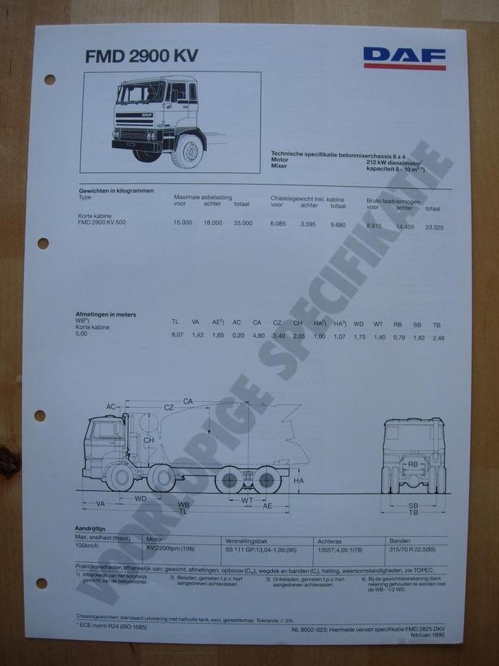 DAF FMD 2900 KV Technische Specificatie Folder 1990 – 8x4, Boeken, Auto's | Folders en Tijdschriften, Zo goed als nieuw, Overige merken