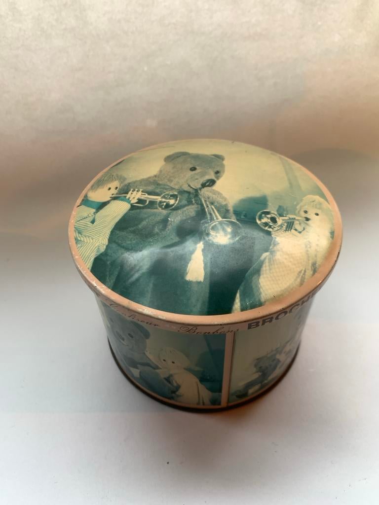 Oude Brochet confiseur bonbons blik trommel teddyberen, Verzamelen, Blikken, Gebruikt, Overige, Overige merken, Ophalen of Verzenden