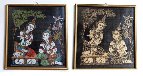 x2 Thaise Zeefdruk Schilderijen Thai Silk Painting Kinnara, Antiek en Kunst, Kunst | Schilderijen | Klassiek, Ophalen of Verzenden