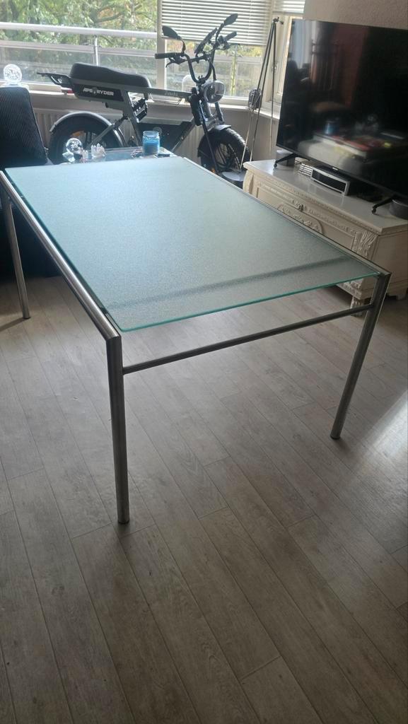 Glazen Eettafel met Metalen Onderstel, Huis en Inrichting, Tafels | Eettafels, 50 tot 100 cm, Vier personen, Rechthoekig, Glas