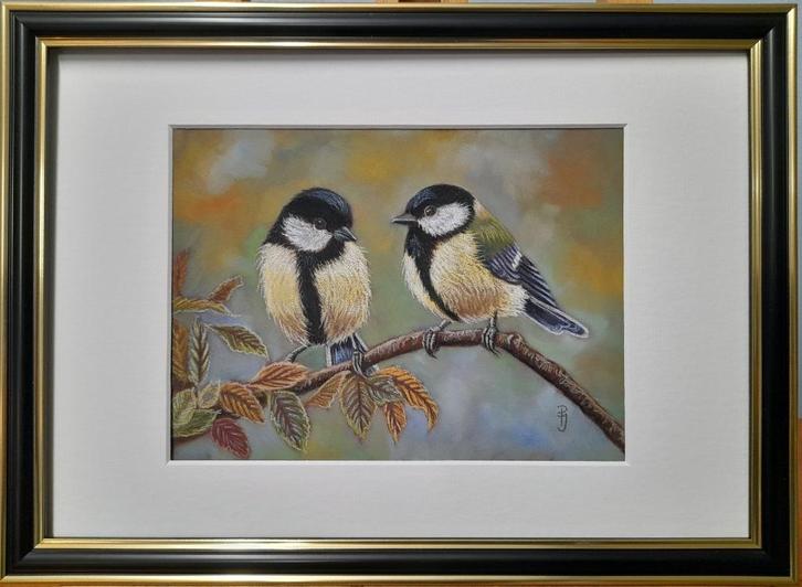 OPRUIMING schilderij koolmezen met lijst - eigen werk- vogel, Antiek en Kunst, Kunst | Schilderijen | Klassiek, Ophalen of Verzenden