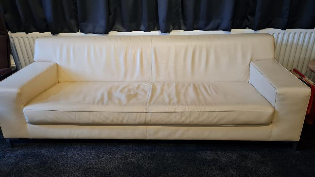 Lederen wit/creme bank, 3persoons, Huis en Inrichting, Banken | Bankstellen, Ophalen, Gebruikt, Driepersoons, Rechte bank