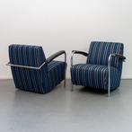 Leolux Scylla fauteuils blauw gestreepte stof / chroom, Huis en Inrichting, Ophalen of Verzenden, Zo goed als nieuw, Leer