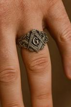 Vrijmetselaars Ring 925 Zilver Passer & Winkelhaak, Sieraden, Tassen en Uiterlijk, Ringen, 19 tot 20, Nieuw, Ophalen of Verzenden