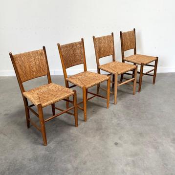 4 vintage Franse eetkamerstoelen eiken wicker biezen riet  beschikbaar voor biedingen