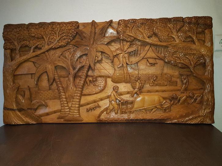 Handgesneden Houtreliëf – Indonesisch Plattelandsleven, Antiek en Kunst, Kunst | Beelden en Houtsnijwerken, Ophalen