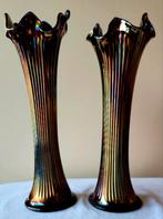 Antiek set van 2 Fenton Fine Rib vaasjes blauw carnival glas, Ophalen of Verzenden