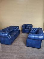 Chesterfield bankstel 3, 2, en 1 zits, rundleder blauw, Ophalen of Verzenden, Nieuw, Vierpersoons of meer, Leer