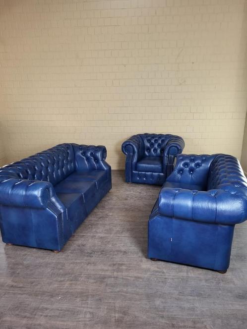 Chesterfield bankstel 3, 2, en 1 zits, rundleder blauw, Huis en Inrichting, Banken | Bankstellen, Nieuw, Vierpersoons of meer