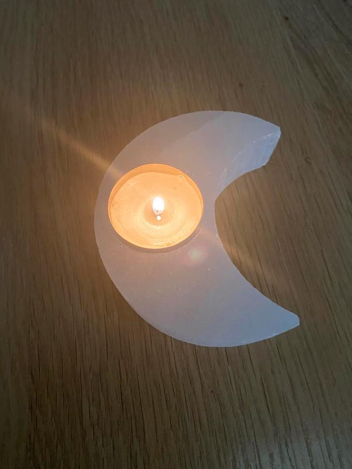 Maanvormige Seleniet Waxinelicht Houder - Maan Lamp, Diversen, Kerst, Zo goed als nieuw, Ophalen of Verzenden